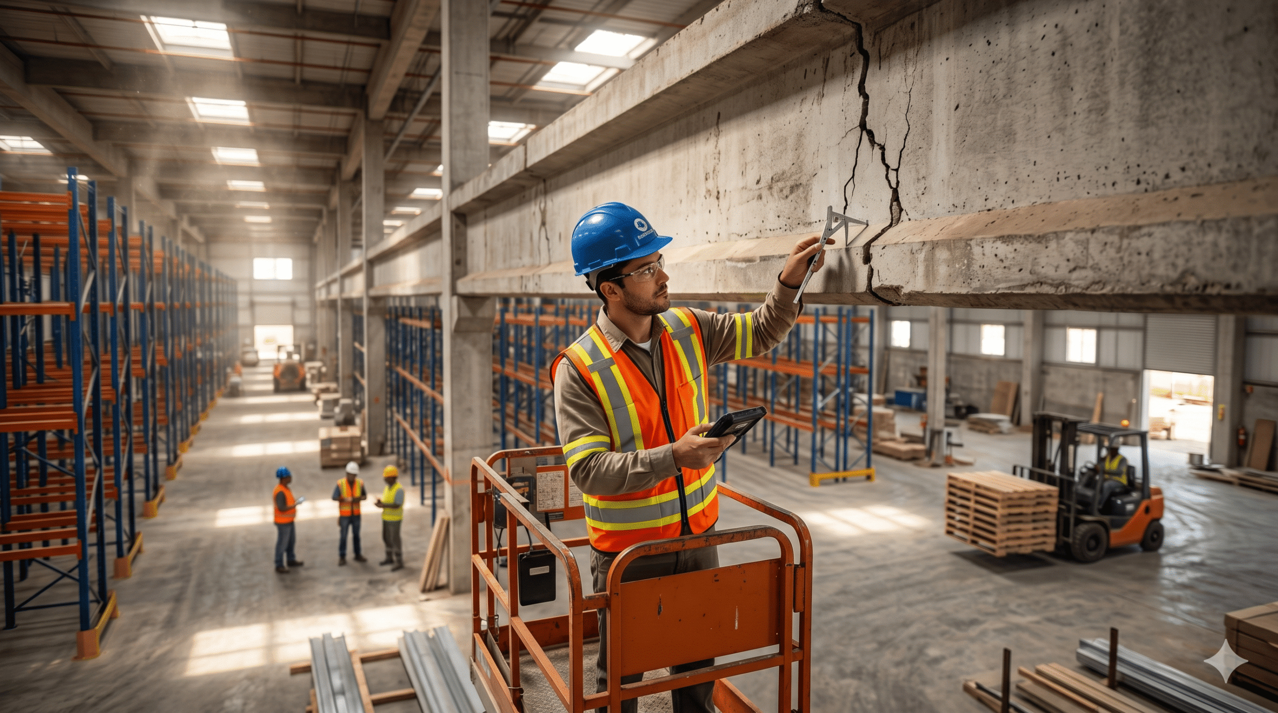 Um engenheiro de segurança brasileiro, usando capacete azul e colete de segurança, está em uma plataforma de tesoura elevada dentro de um armazém ativo, examinando de perto e apontando com um medidor de fissuras para uma trinca estrutural severa em uma viga de concreto overhead que mostra sinais claros de desgaste. Esta imagem ilustra um sinal crítico de quando é necessário fazer reforço estrutural.
