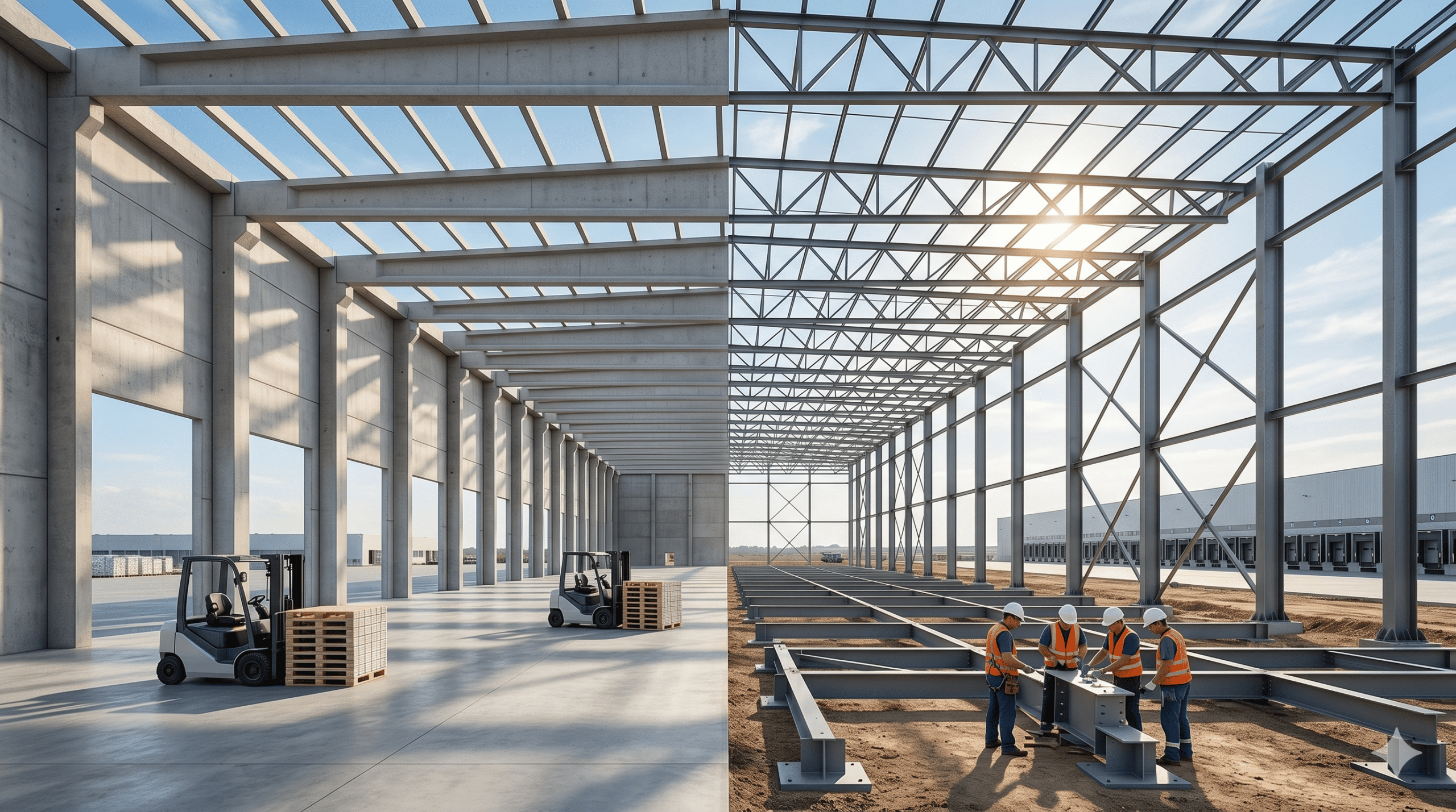 Uma comparação visual de dois métodos de construção para galpões logísticos: o lado esquerdo exibe uma estrutura de concreto armado pré-moldado concluída e robusta, enquanto o lado direito mostra uma equipe de construção montando uma estrutura metálica de aço sob a luz do sol. A imagem destaca a robustez do concreto e a leveza e velocidade do aço.
